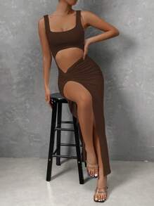 Chiquease Cut Out Twist Front Split Thigh Dress - Chocolate Brown - View 6