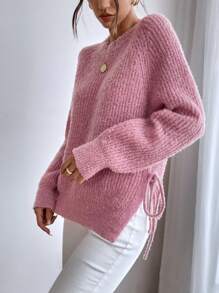 SHEIN Frenchy Raglan Sleeve Knot Side Split Hem Sweater - Pink - View 5