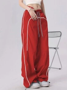 Women Pants Kolor Kantong Contrast Binding Plain Casual - Merah - View 3