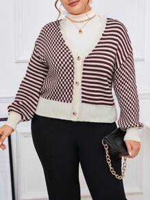 SHEIN Essnce Talla grande Cárdigan con patrón de rayas de hombros caídos - Multicolor - Ver 4