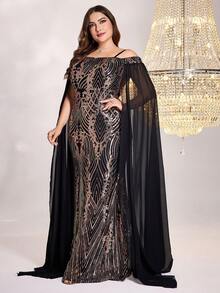 Plus Cold Shoulder Contrast Mesh Sequin Formal Dress - Black - View 3