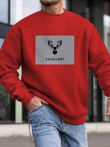 Manfinity 男士小鹿和字母圖案加絨內裏運動衫 - 酒紅色 - 查看 1