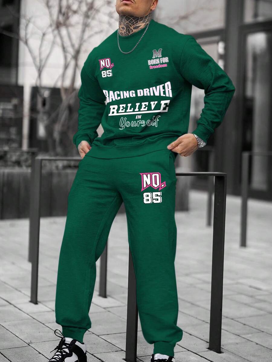 Manfinity Homme Men Plus Slogan Graphic Sweatshirt & Sweatpants - Dark Green - View 1