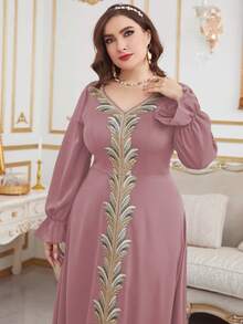 Plus Size Arabian Dress V Neck Long Sleeve Appliques Ruffle Split Long Regular Hem Fabric Non-Stretch Plus Size Arabian Maxi Dress - Dusty Pink - View 3