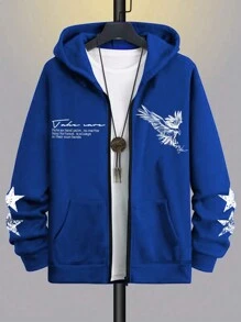 Manfinity Homme 男士口號和老鷹圖形拉鍊保暖連帽毛衣 - 寶藍色 - 查看 4