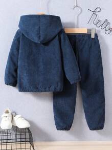 SHEIN Young Boy Letter Patched Detail Teddy Lined Hooded Jacket & Pants Without Tee