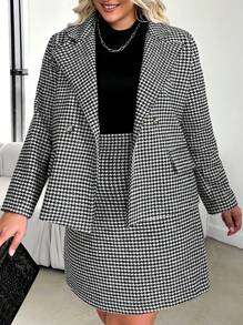 SHEIN Cottnline Plus Houndstooth Print Double Button Blazer & Skirt - Black and White - View 1