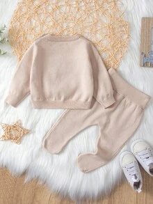 SHEIN New Born Baby Boy Cartoon Pattern Sweater & Knit Pants - Apricot - View 2