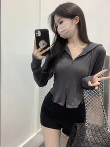 純色拉鍊連帽衫 - 灰色 - 查看 3