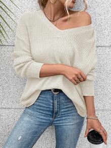 SHEIN Essnce 鏤空交叉圍裹後蝙蝠袖套頭毛衣 - 杏色 - 查看 5