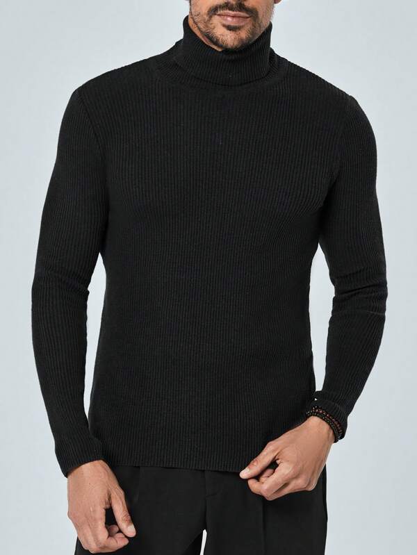 RueChic Men Solid Turtleneck Ribbed Knit Sweater