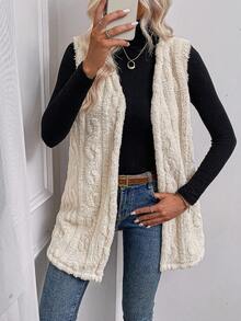 SHEIN LUNE Chất rắn Mở Mặt trước Teddy Áo vest - Màu be - Xem 6
