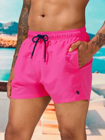 Manfinity Swimmode Men Letter Graphic Drawstring Waist Swim Trunks,Hawaiian