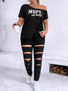 SHEIN LUNE 大碼標語圖案不對稱領T恤和鏤空緊身打底褲 - 黑色 - 查看 4