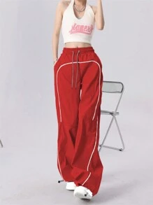 Women Pants Kolor Kantong Contrast Binding Plain Casual - Merah - View 6