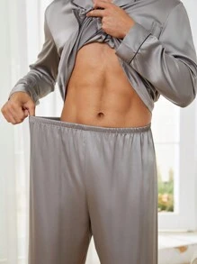 Men Contrast Piping Satin PJ Set / Pajama Set - Light Grey - View 3