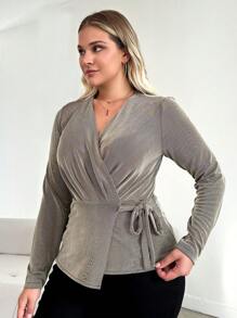 RueChic Plus Knot Side Wrap Blouse - Khaki - View 4