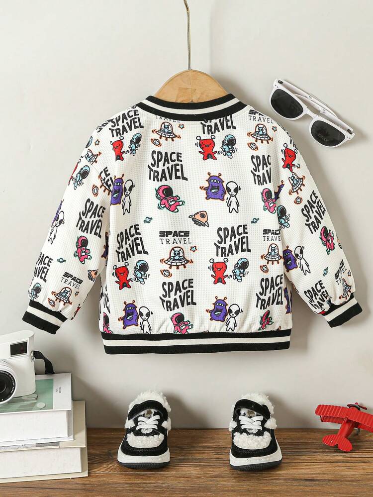 Baby Boy Letter & Cartoon Graphic Striped Trim Jacket