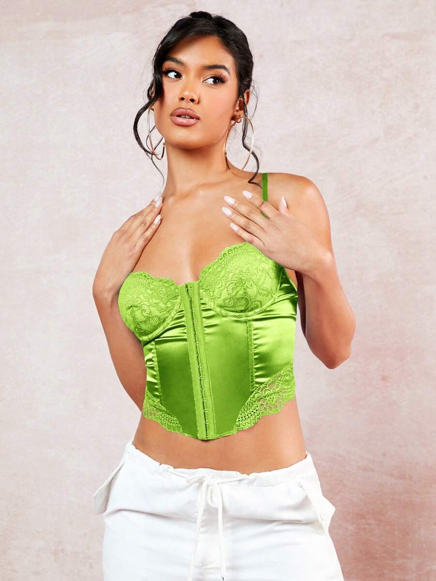 SHEIN BAE 蕾絲拼接緊身吊帶 - 綠色 - 查看 1