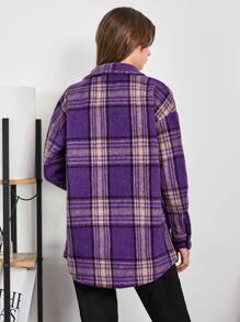 RueChic Teen Girl Plaid Print Drop Shoulder Overcoat - Purple - View 2
