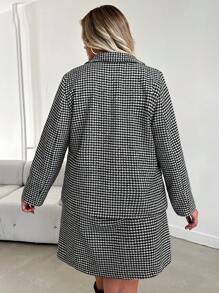 SHEIN Cottnline Plus Houndstooth Print Double Button Blazer & Skirt - Black and White - View 2
