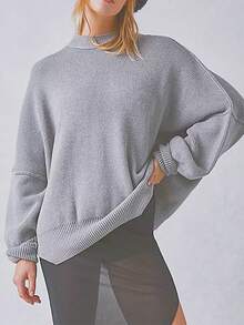 Mock Neck Long Sleeve Split Hem Sweater Casual - Grey - View 3