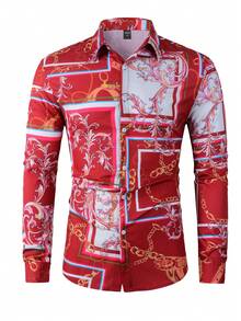 Manfinity Homme 男士鍊條印花長袖襯衫 - 紅色 - 查看 5