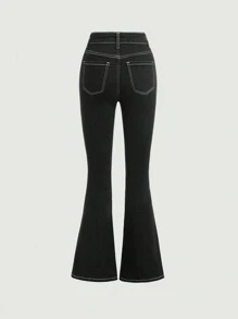 SHEIN Girlism Teen Girl Top-stitching Flare Leg Jeans - Black - View 2