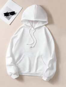 SHEIN EZwear Plus Size Floral & Slogan Graphic Drawstring Thermal Lined Sweatshirt - White - View 2