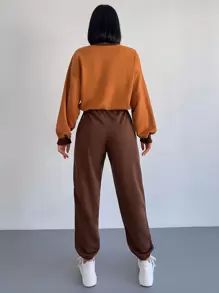 EURMUSE Letter Graphic Drop Shoulder Pullover & Sweatpants - Multicolor - View 2