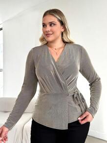 RueChic Plus Knot Side Wrap Blouse - Khaki - View 1