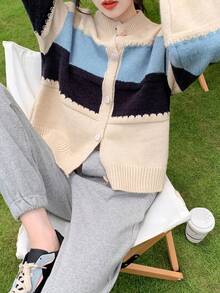 Colourblock Drop Shoulder Button Through Cardigan - Blue - View 3