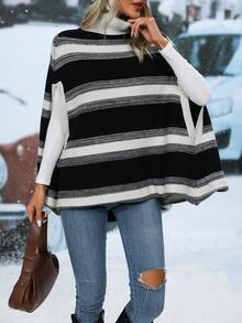 SHEIN Frenchy 條紋圖案斗篷袖針織斗篷 - 黑與白 - 查看 3