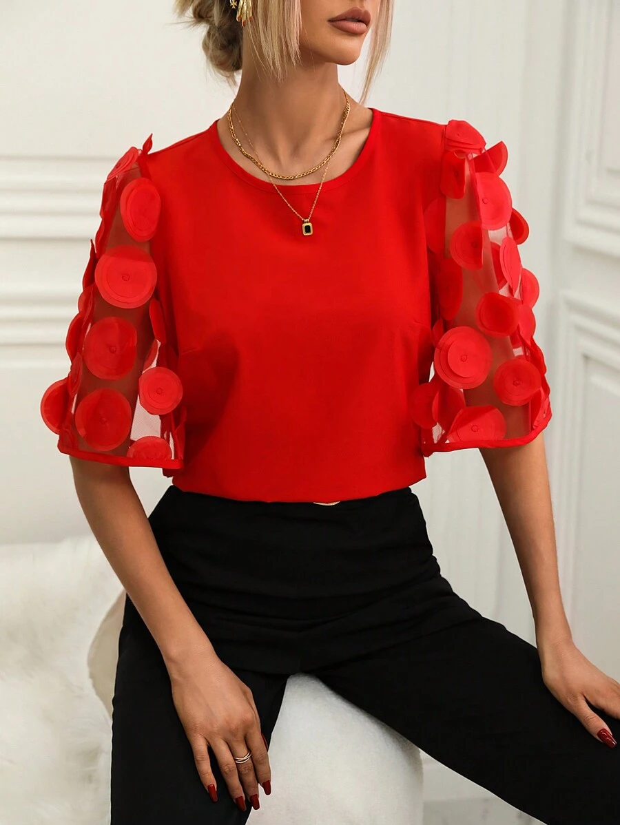 SHEIN Clasi Appliques Contrast Mesh Sleeve Blouse - Red - View 1