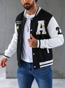 Manfinity Loose Fit Men's Varsity Jacket With Letter Graphic & Striped Trim - Black - View 7