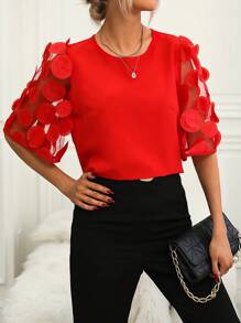 SHEIN Clasi Appliques Contrast Mesh Sleeve Blouse - Red - View 4