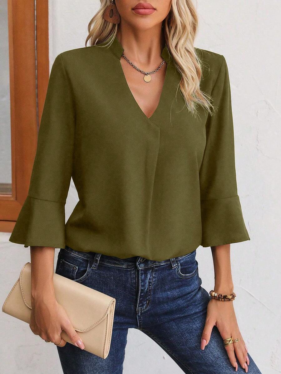 SHEIN LUNE Solid Flounce Sleeve Notched Neck Blouse - Army Green - View 1
