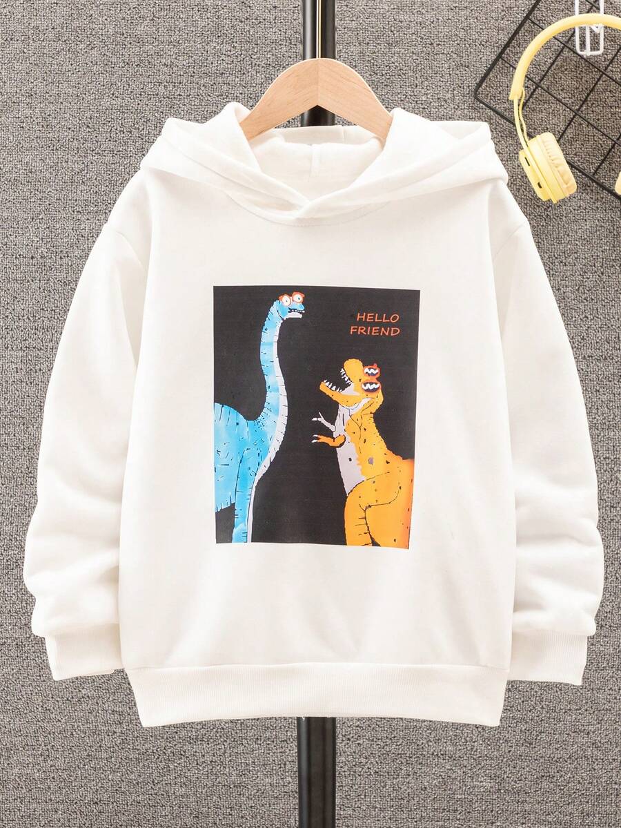 男大童卡通圖案連帽加絨內裏運動衫 - 白色 - 查看 1