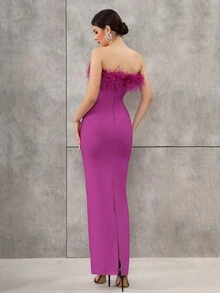 Modphy 性感露肩无袖仿羽毛露背绷带长裙，修身派对礼服，适合婚礼宾客、伴娘、圣诞节、生日派对等场合，优雅女士正式晚礼服 - 紫色 - 查看 2