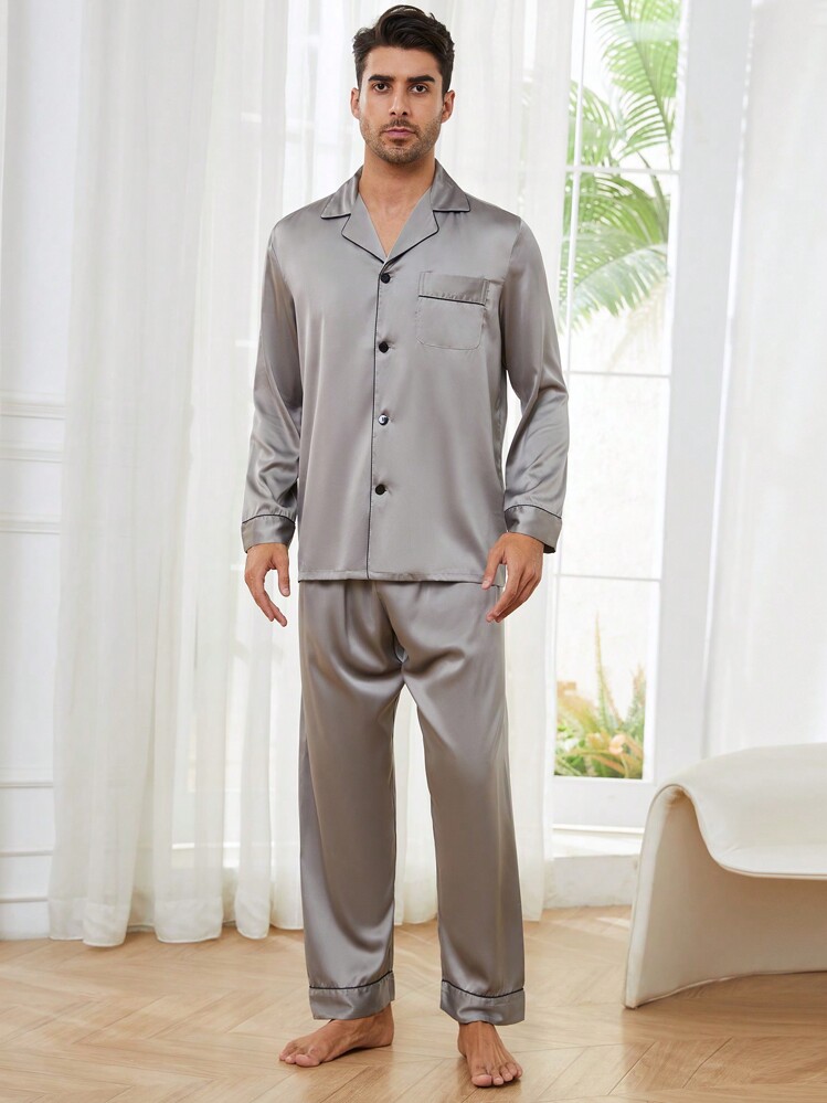 Men Contrast Piping Satin PJ Set / Pajama Set - Light Grey - View 4