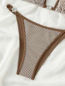 Conjunto de bikini triangular de cuello halter con ribete en contraste - Café integral - Ver 7