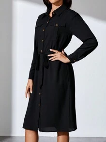 SHEIN Tall Flap Pocket Belted Shirt Dress - Black - View 5