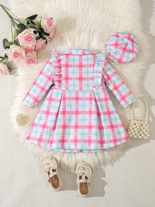 女嬰格紋印花荷葉邊前蝴蝶結花呢外套&帽 - 彩色 - 查看 2
