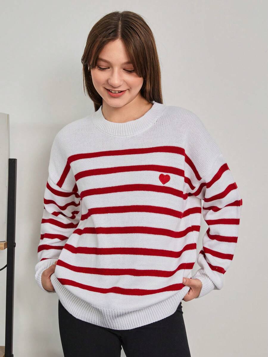 RueChic Tween Girl Striped & Heart Pattern Drop Shoulder Sweater - Multicolor - View 1