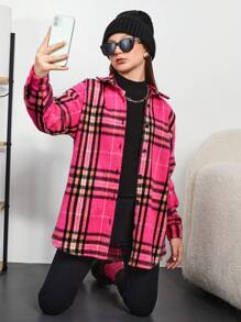 RueChic Teen Girl Plaid Print Drop Shoulder Coat - Hot Pink - View 4