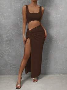 Chiquease Cut Out Twist Front Split Thigh Dress - Chocolate Brown - View 4