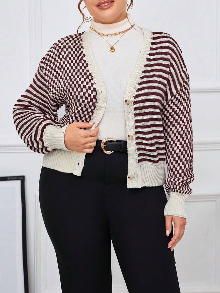 Plus Striped Pattern Drop Shoulder Cardigan