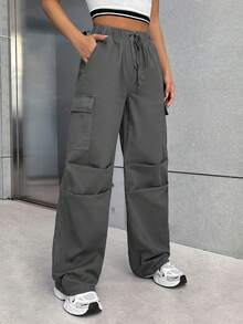 SHEIN EZwear Flap Pocket Side Drawstring Waist Cargo Jeans - Grey - View 3