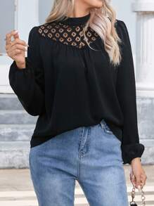 SHEIN Clasi Contrast Lace Mock Neck Lantern Sleeve Blouse - Black - View 1