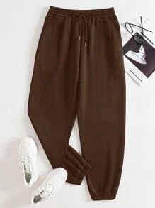 SHEIN EZwear 素色腰部抽繩衛褲 - 棕色 - 查看 1